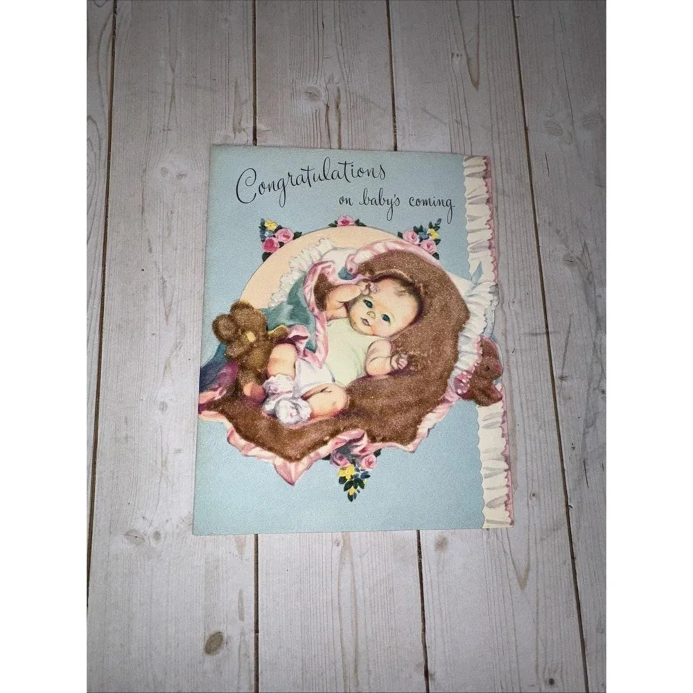 Vintage 1955 Baby Arrival Congratulations Card Flocked Baby Teddy Bears Signed